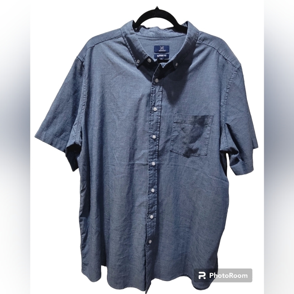 George 2XL Men's Blue Cotten Blend Short Sleeve Dress Shirt Contemporary